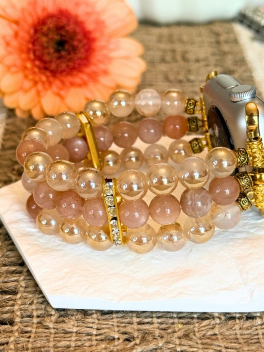 Apple Watch Band 42/44mm Sunstone Champagne Agate Beaded Crystal Steel Bracelet